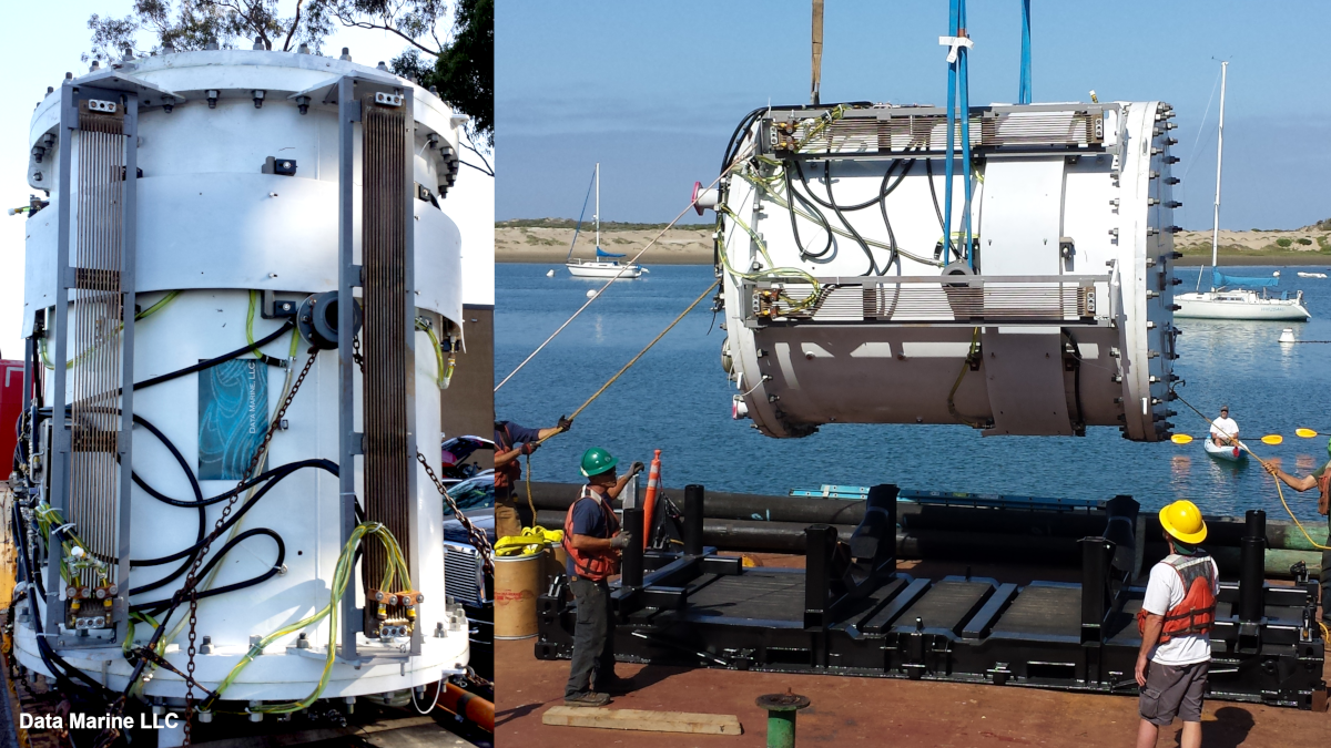 Data Marine subsea data vessel hardware being lowered at a dockside deployment