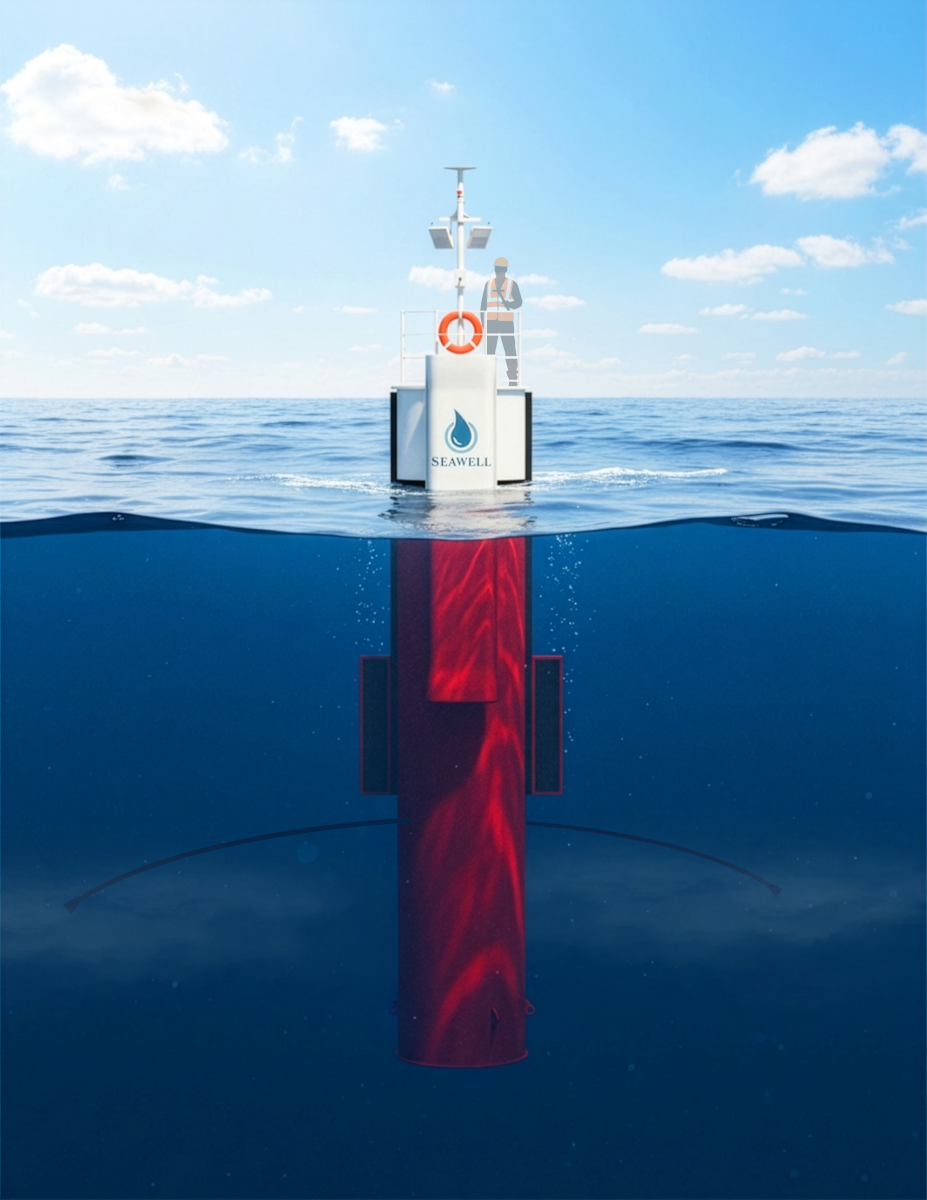 The SeaWell SW-15 floating desalination buoy, above and below the waterline